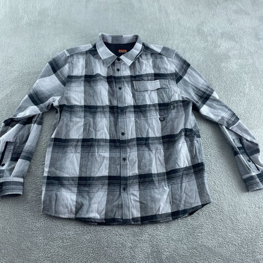 Bass Outdoor Mens Plaid Button-Up Shirt Gray/Black Long Sleeve M NWT 2614